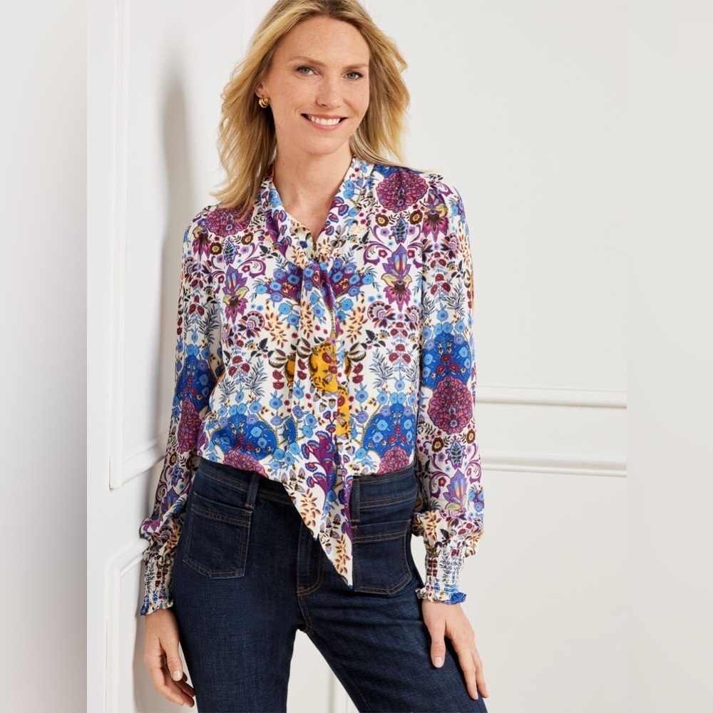 Talbots TIE NECK TOP FLORAL MEDALLION Blouse Size Large L NWT